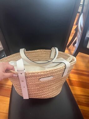 Poolside Woven Straw Tote with White Leather Trim